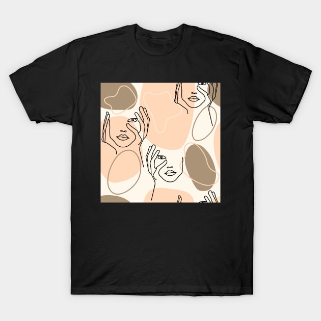 One Line Drawing Abstract Faces Seamless Pattern, Modern Background, Feminine Female Figures T-Shirt by Modern Art